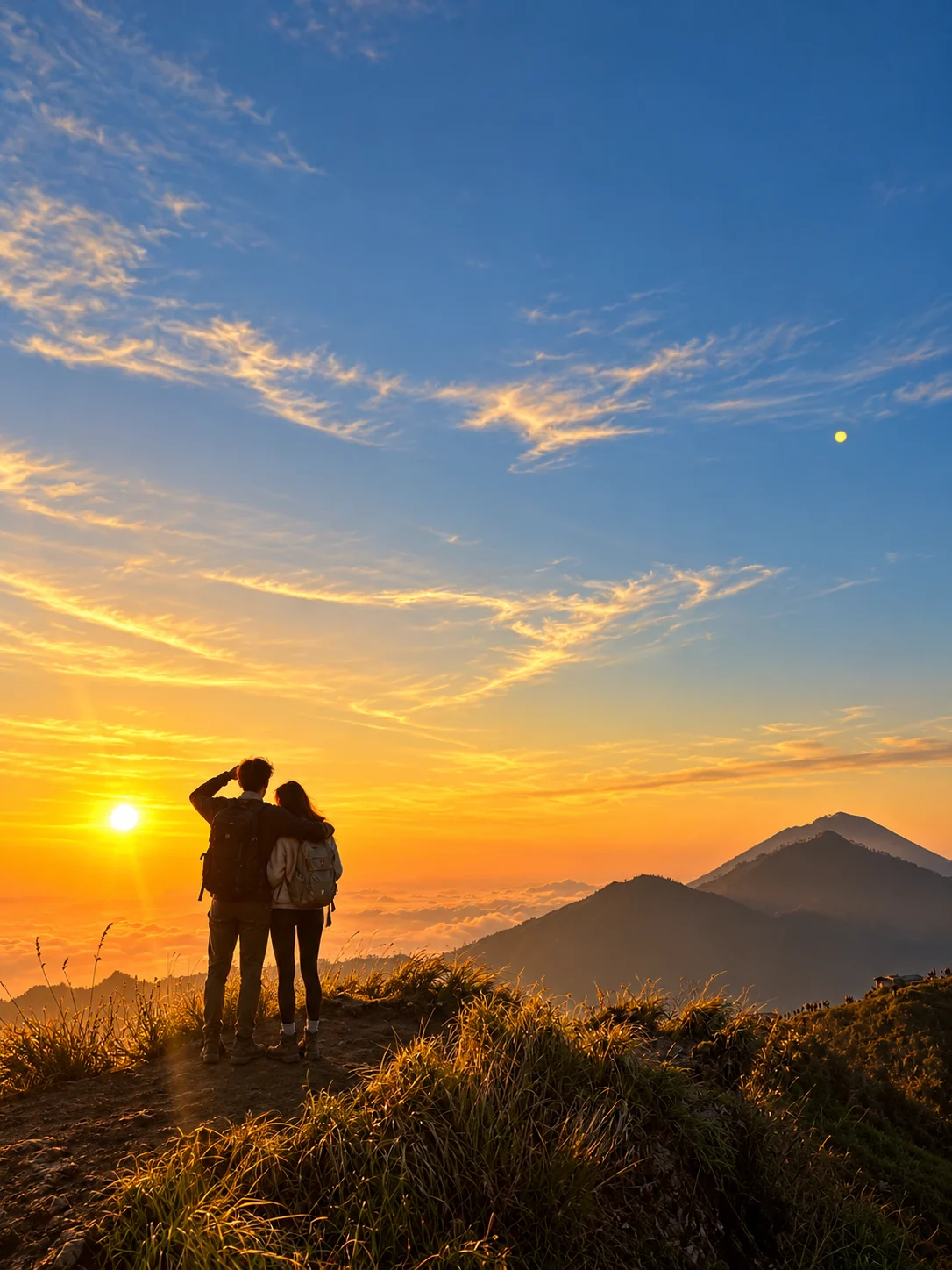 A couple watching sunrise over Batur