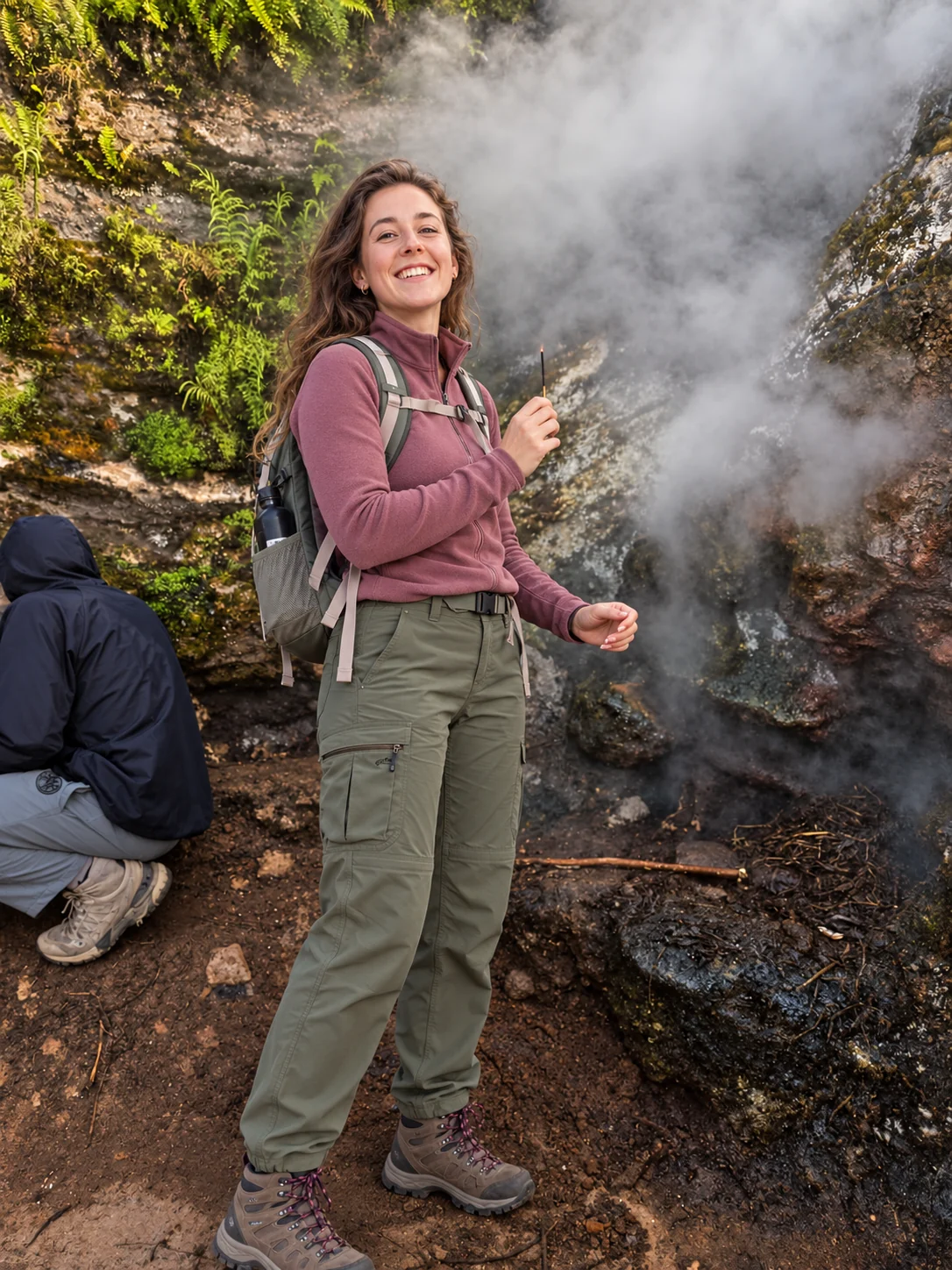 Traveller beside a volcanic steam vent